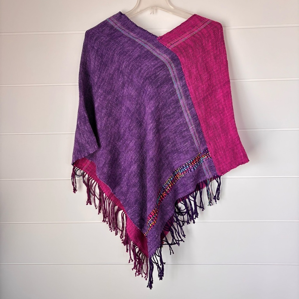 Fay Liberty Two Color Handwoven Purple and Pink Fringed Cotton Poncho